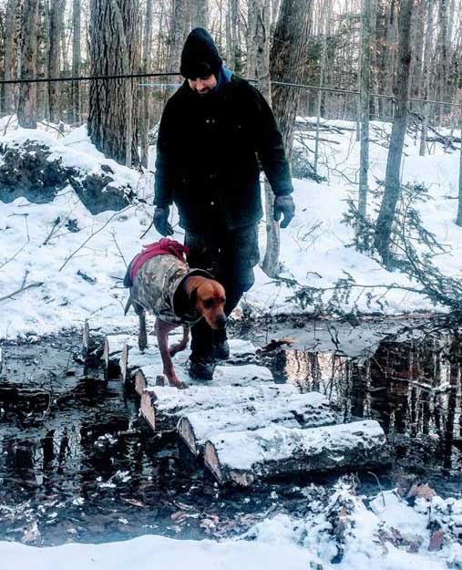 man with dog crossing brook in sugarwoods