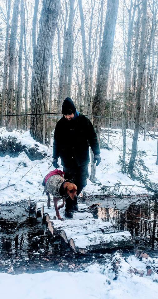 man with dog crossing brook in sugarwoods